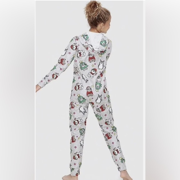INITIAL J CHRISTMAS girls grey hooded one piece pajamas size 10 sloths penguins - Picture 2 of 3